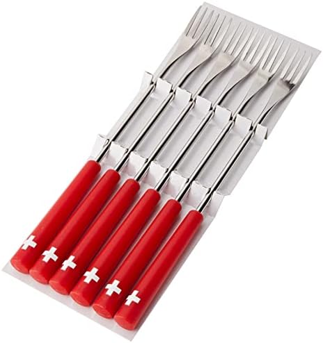 KUHN RIKON 32206 Cheese Fondue Forks Swiss Cross 6 Pieces, Stainless Steel, Silver/Red, 26.5 x 1.5 x 1.5 cm