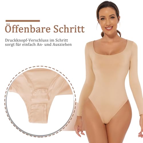 ONEW Damen Langarm Body Eckiger Ausschnitt Bodysuit Oberteil Basic Square Neck Unterziehbody Shirt für Frauen – Bild 4