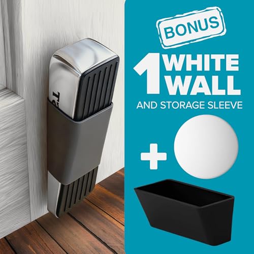 Image of STRONGEST HOME Stoppers for Bottom of Door - Heavy Duty Metal Rubber Door Stopper, Non-Slip Door Stop for Heavy Doors, Works on Wood, Tile & Carpet Floors, Wedge Chrome 1 PC + 1 White Wall Protectors