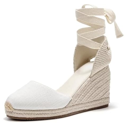 U-lite Womens Espadrille Wedge Sandals Closed Toe Platform Lace Up Ankle Strap Slingback Summer Dress Shoes White Canvas-3" 8 Cover