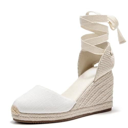 U-lite Womens Espadrille Wedge Sandals Closed Toe Platform Lace Up Ankle Strap Slingback Summer Dress Shoes White Canvas-3