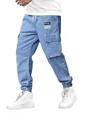 Picture of OYOANGLE Men's Drawstring Waist Flap Pocket Jogger Cargo Pants Carrot Denim Jeans with Pocket Light Wash Letter Medium