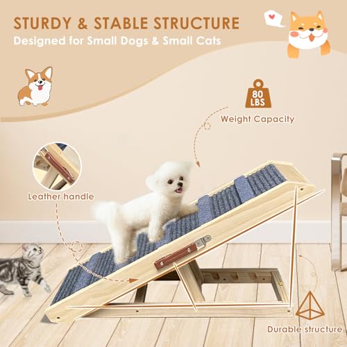 IKARE Wooden Folding Dog Ramp for Bed, 31\" Long Foldable Pet Ramp for Small Dogs & Cats, 3 Adjustable Height from 9.5\" to 14.6\", Small Dog Steps,Cat Ramp for Sofa & Car, Up to 80 Lbs - Thumbnail 3