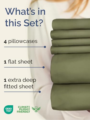 Image of Extra Deep Queen Sheet Set - 6 Piece Breathable Cooling Sheets - Sage Green | Hotel Luxury Bed Sheets Set, Easy & Secure Fit, Ultra-Soft, Wrinkle & Fade Free, Comfy Sheets Set with Extra Deep Pockets