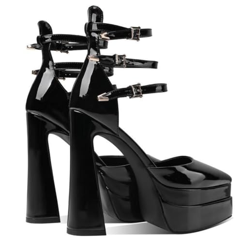 Aflngle Women's Platform Chunky Heel Sandals Sexy Pointed Closed Toe Ankle Strap Buckle Patent Leather High Heels Dress Pumps Shoes3