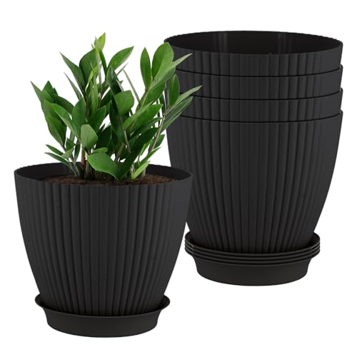 Image of GARDENS NEED 7 Inches Grand Round Flower Pot | Set of 5 | Black | Plastic Planter Pots for Indoor & Outdoor Home, Office & Balcony Decoration