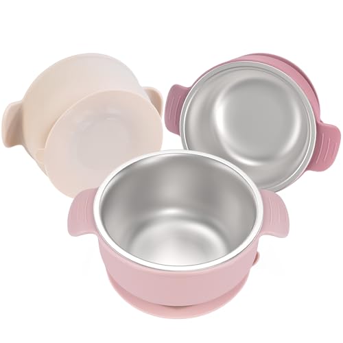 Image of Bella’s Friends Stainless Steel and Silicone Baby Bowls with Suction 3 Pack, 4.3” for Toddlers Kids Feeding, Non-Slip, Non-Toxic, Mess-Free, Dishwasher Safe, Fit High Chair Size, light pink beige pink