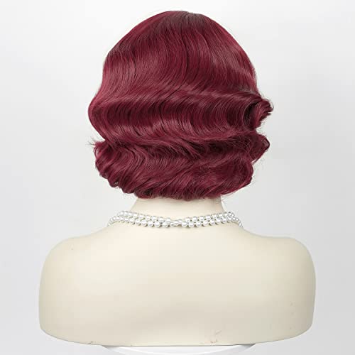 Image of Finger Wave Wig Women Dark Red Flapper 1920s Vintage Lady Short Curly Wig Halloween Party Cosplay Costume Synthetic Hair + Accessories (Burgundy)