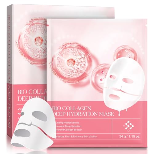 Bio Collagen Real Deep Mask, Mascarilla Facial de Noche, Mascarilla Colageno Facial Coreana para Mujeres, Mascarilla Facial para Calmante, Hidratante, Nutritiva 4 Piezas