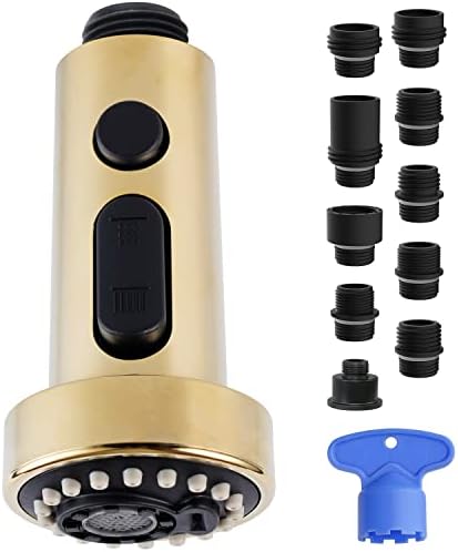 Polished Gold Pull Down Kitchen Faucet Spray Head, 3 Function Kitchen Sink Sprayer Replacement Nozzle, 10 Adapters Compatible with Moen Delta Faucet, Kitchen Sink Faucet Replacement parts, Polish Gold