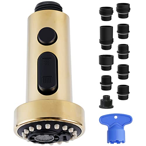 Polished Gold Pull Down Kitchen Faucet Spray Head, 3 Function Kitchen Sink Sprayer Replacement Nozzle, 10 Adapters Compatible With Moen Delta Faucet, Kitchen Sink Faucet Replacement Parts, Polish Gold #TOP5
