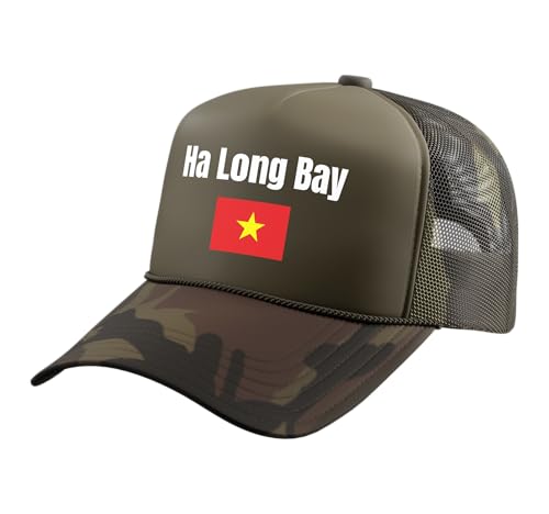 Ha Long Bay Travel Souvenir Vietnam Trip Vietnamese Flag Trucker Hat with Adjustable Mesh Back, Camo Green