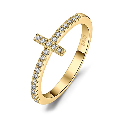 JewelryPalace Croix Bague Taille Rond Cubic Zirconium Pierre Argent 925 Femme, Plaque Or Jaune Bague Fiançailles Mariage Promise Alliance, Ensemble Bijoux Mariee