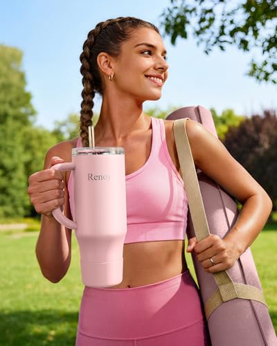 Image of Renoj Insulated Mug 100% Spill Resistant Insulated Water Bottle for Iced Coffee & Hot Drinks - Fits Car Cup Holder, Ideal Gift, 2 Straws & Silicone Boot - FlexSlide Light Pink 40 oz