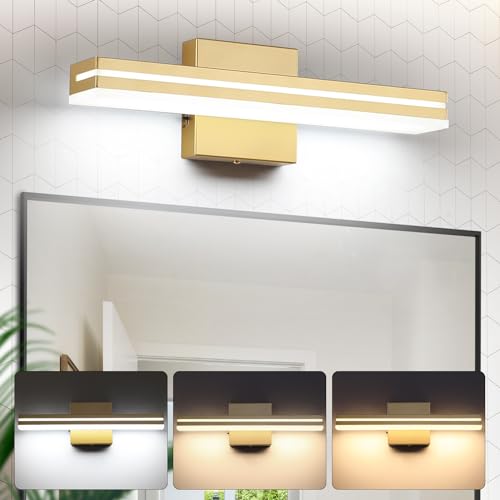 Image of SineRise LED Modern Bathroom Vanity Light Fixtures (16-Inch, 3000K /4000K /6000K, Dimmable), Gold Modern Acrylic Bathroom Wall Lighting Fixtures Over Mirror