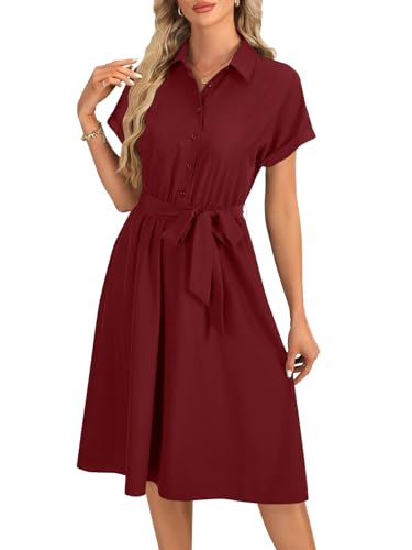 Image of Vrtige Women's Collar Neck Button Down Tie Waist Short Sleeve A Line Midi Shirt Dress