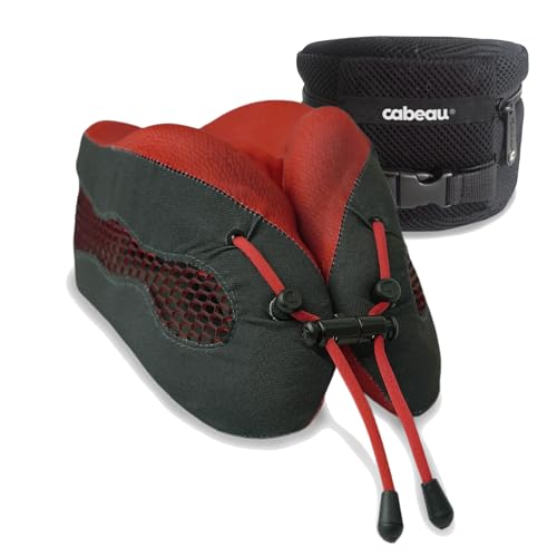 Cabeau Long Haul Flight Cooling Travel Neck Pillow – Evolution Cool – Supportive Memory Foam with Airflow Vents – Compact with Carrying Case (Red)