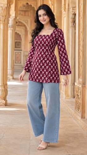 Image of Women's Floral Printed Cotton Kurti Summer Cotton Tunic Top for Girls
