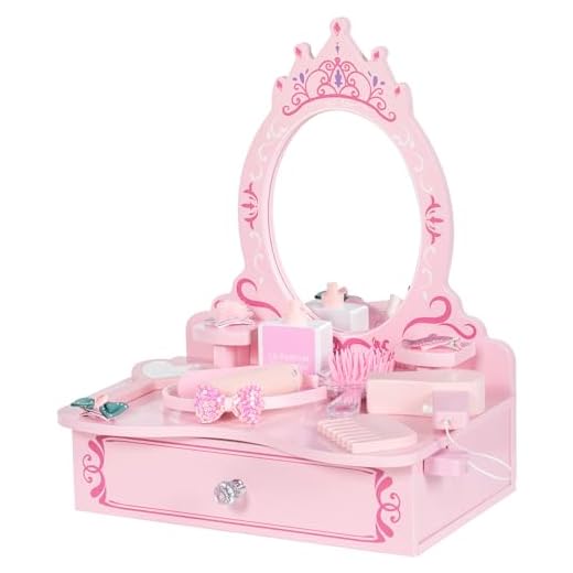 BRINJOY Wooden Vanity Set for Kids, Toddler Tabletop Beauty Salon Play Set w/Accessories & Drawer, Princess Makeup Pretend Play Vanity Table Toy with Crown Shaped Mirror for Little Girls Age 3-8