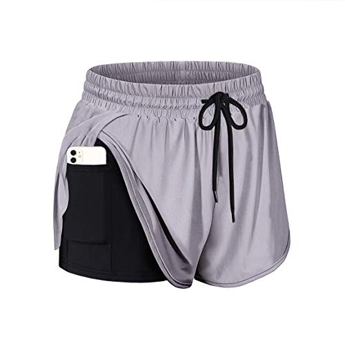 Yakestly Activewear Shorts for Women, Running Shorts with Pockets Soft 2 in 1 Yoga Workout Athletic Short Junior Athleisure Gym Training Short Jogging Exercise Lightweight Active Shorts Light Grey M