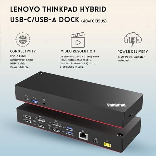 Lenovo 40AF0135US Thinkpad Docking Station Dual Monitor Hybrid USB-C with USB-A | Comes with 135W, HDMI, DP, USB C to A Cables (NEW) — view 3
