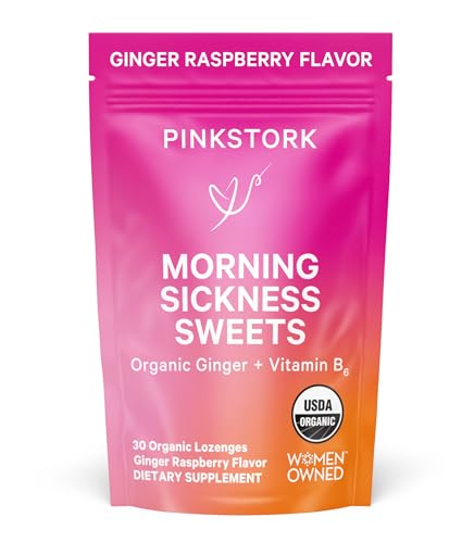 Image of Pink Stork Morning Sickness Sweets, Organic Raspberry Ginger Candy with Vitamin B6 for Morning Sickness, Motion Sickness, Prenatal Heartburn - Pregnancy Must Haves - 30 Wrapped Drops