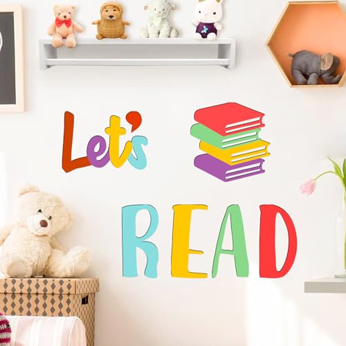 Let's Read Sign Wall Decals Colorful Reading Rooom Wall Decor Stickers Reading Nook Wood Sign Decals Decor Removable Motivational Walls Sicker for Kids Bedroom Playroom Nursery Library Classroom Decor