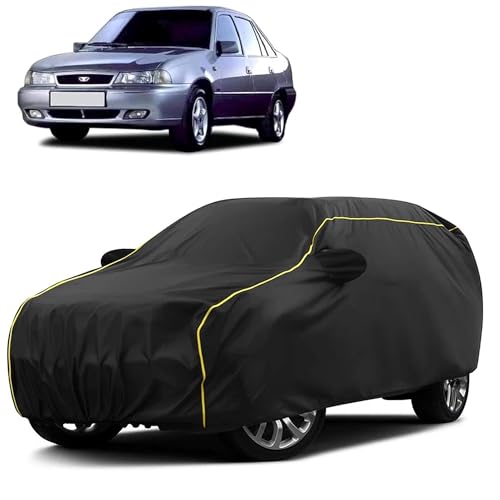 Image of Sulfar 100% Water Resistant Car Body Cover Compatible with Mirror for Daewoo Cielo (Triple Stitched, Full Bottom Elastic, Black Taffeta with Yellow Piping)