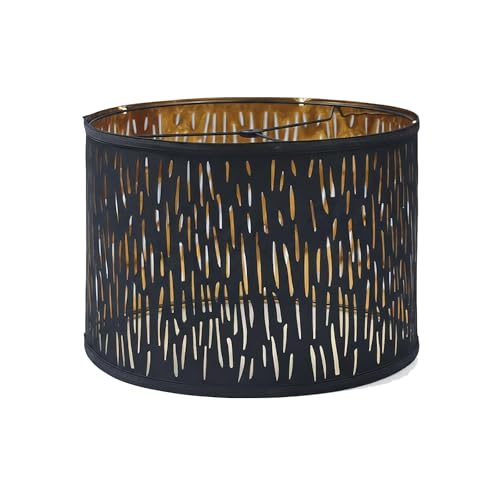Perclyzm Lamp Shade, Black Light Shade, Modern Drum Lampshade, Black Fabric with Gold Reflective Film, Vertical Cut-Out Design, Fits E27 & E14, for Ceiling/Table/Floor Lamps, Bedroom, Living Room
