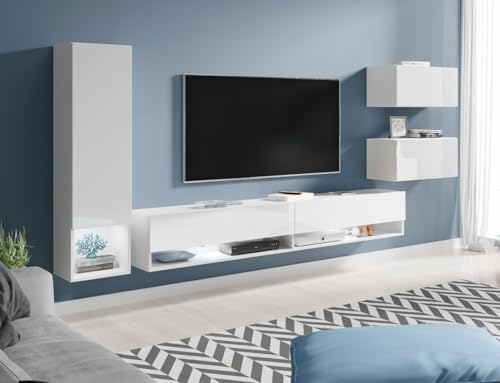 MINIO go for it - Wohnwand 4-Teilig Set Amy, Wandschrank Hängend, Laminierte Spannplatte, Weiß matt/Weiß glänzend - ohne LED Beleuchtung MINIO go for it - Wohnwand 4-Teilig Set Amy, Wandschrank Hängend, Laminierte Spannplatte, Weiß matt/Weiß glänzend - ohne LED Beleuchtung