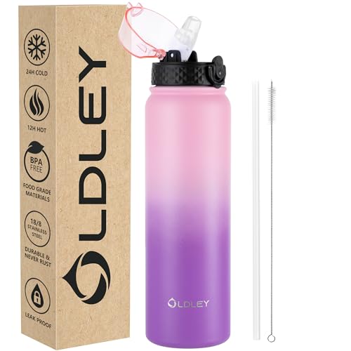 OLDLEY Stainless Steel Water Bottle with Straw 1L Vaccum Insulated Large Drink Flask Metal Water Bottles 1 Litre Leakproof Keep Drinks Hot Cold for Sports Gym Travel Adult(Pink Purple, 1 Lid)