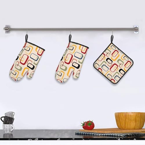 Mid Century Modern Retro Oven Mitts and Pot Holders Sets of 3 Vintage Decorative Heat Resistant Non Slip BBQ Gloves for Cooking Grilling Baking Kitchen Decor by LANAIQO - Used condition - Image 6