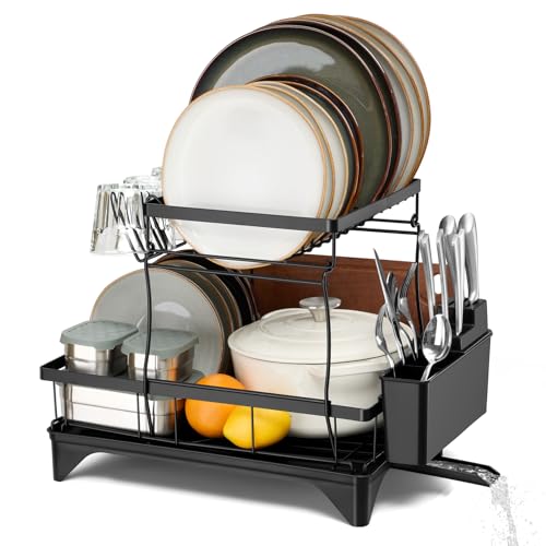 Homikit Dish Drainer Rack, 2-Tier Rust Proof Dish Drying Rack With Drip Tray & Cup Utensil Holder, Space Saving Plate Bowl Organizers for Kitchen Counter, Large Capacity & Detachable, Black
