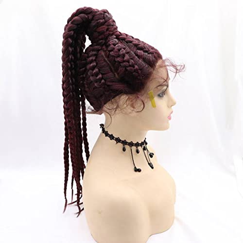 Xiweiya Wigs Burgundy Color 8Braids Synthetic Braid Lace Front Wigs For Women Hair 100% HandMade Synthetic High Ponytails Lace Braids Wig - Image 3