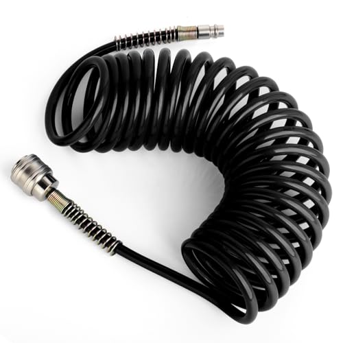 TAILONZ PNEUMATIC Black 5M PU air Spiral Hose with 8mm Outer Diameter, (with Quick Coupling and Plug Nipple, PU Hose Material)