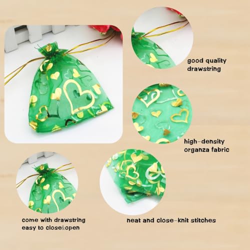 Image of QIANHAILIZZ 100 pcs 3.5 x 4.7 Inch Flower Heart Organza Jewelry Gift Pouch Candy Pouch Drawstring Wedding Favor Bags X92 (green gold heart)