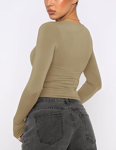Image of AKEWEI Long Sleeve Crop Tops for Women 2 Pack Fall Going Out Outfits Cute Tight Basic Tees Shirt