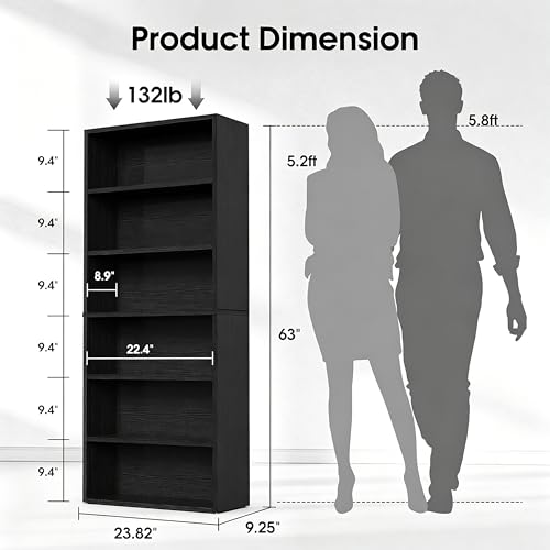 Image of HealSmart 6 Tier Bookcase, Industrial 6 Book Shelf, 9.2 inch D x 23.8 inch W x 63 inch H Tall Open Cube Storage Organizer for Home Office, Living Room, Bedroom and Dinning Room, Black