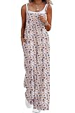 QIXING Dungarees for Women UK Summer Boho Casual Loose Wide Leg Jumpsuits Sleeveless Ladies Playsuits with Pockets(White Primrose, XL)