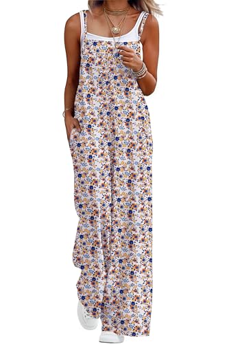 Image of QIXING Dungarees for Women UK Summer Boho Casual Loose Wide Leg Jumpsuits Sleeveless Ladies Playsuits with Pockets(White Primrose, L)