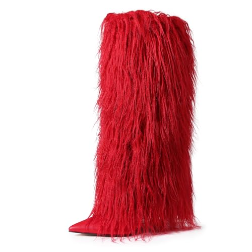 Womens Furry Boots Knee High Fold Over Tall Boot Wide Calf Pointed Toe Stiletto High Heel Fall Winter Boots for Women