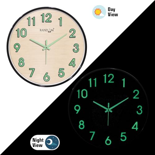 Image of RANDOM Modern 12.75INCH Wall Clock with 3D Radium Numbers, Silent Non-Ticking, Premium Black Frame, Metallic Face, Ultra Clear Glass for Living Room, Home Office