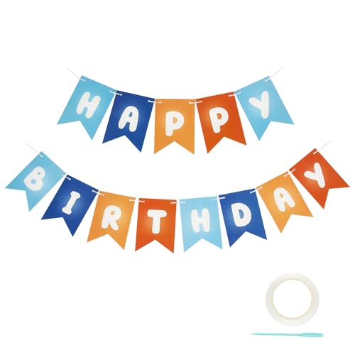 Image of Picoway Blue Happy Birthday Banner, Blue and Orange Themed Party Decorations Supplies for Boy and Girl, Birthday Banners Decor Backdrop