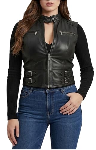 Chaleco de cuero negro para mujer estilo biker sin mangas