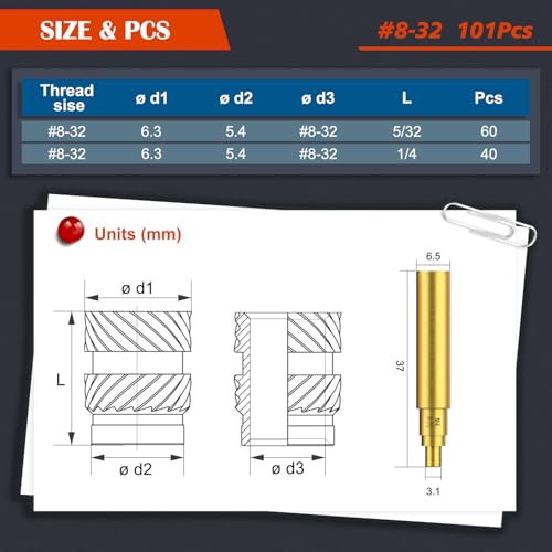 Image of 101Pcs #8-32 Threaded Inserts, Female Thread SAE Knurled Nuts Assortment Kit, Brass Heat Set Insert for Plastic and 3D Printing Components(#8-32, L1 /4xD6.3 and L5 /16xD6.3)