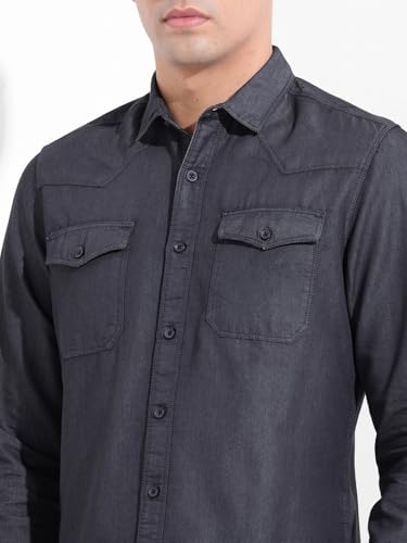 Image of The Indian Garage Co Men Slim Fit Solid Full Sleeves Cutaway Collar Double Flap Pocket Casual Denim Shirt