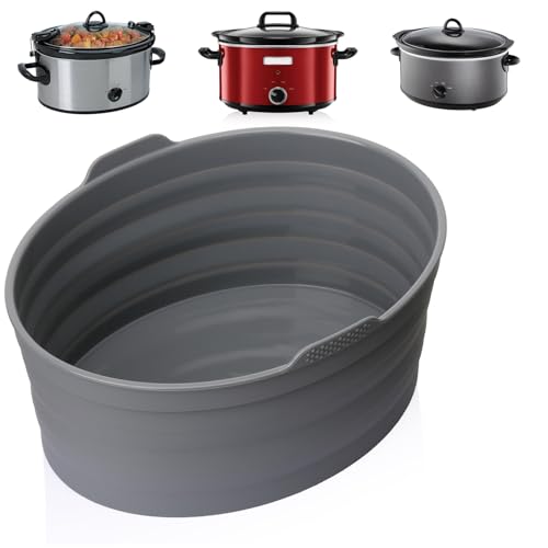 Slow Cooker Liners, Foldable Reusable Silicone Cooking Liners Compatible with Crock-Pot & Hamilton Beach Oval 6 QT, Leakproof Dishwasher Safe Slow Cooker Accessories for Most Oval Shape 1 PCS Grey