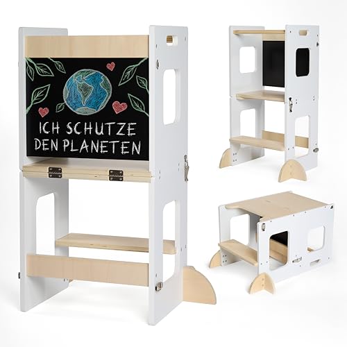 KYWAI® Lernturm ab 1 Jahr – Lernturm Klappbar 3 in 1 mit Tafel – Learning Tower für Kinder – Faltbar mit Sicherheitsfüßen – Aus Nachhaltigem Holz – Stabiler Montessori-Hocker für Zuhause