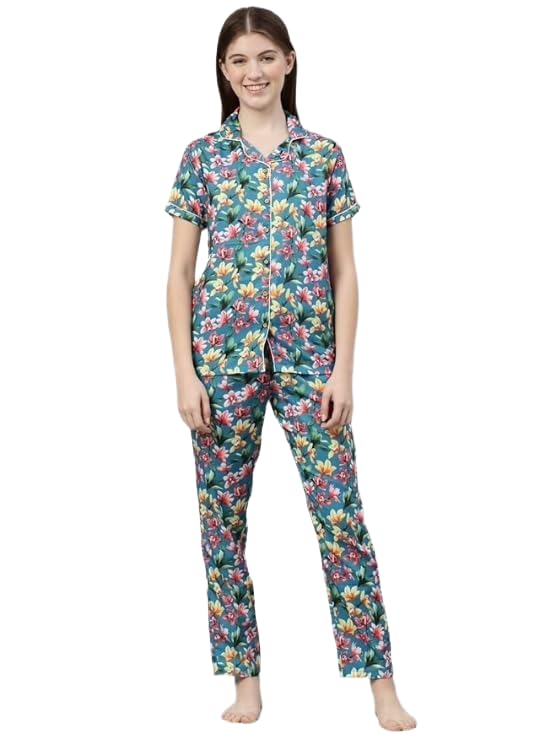 bushirt Mens Floral Print Regular Teal Blue Color Shirt & Pyjama set-WNS0116-picture-45