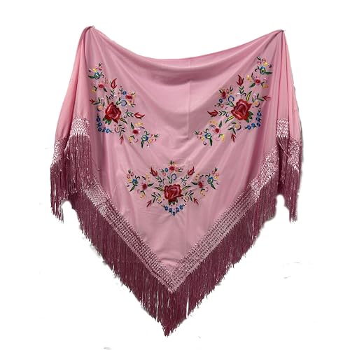 MUNDDY - Xaile bordado em flores para adulto. Xailes flamenco sevilhana. Xaile para festa de cor vermelha preta rosa branca amarela azul. Envio desde madrid, Rosa (B), Adulto